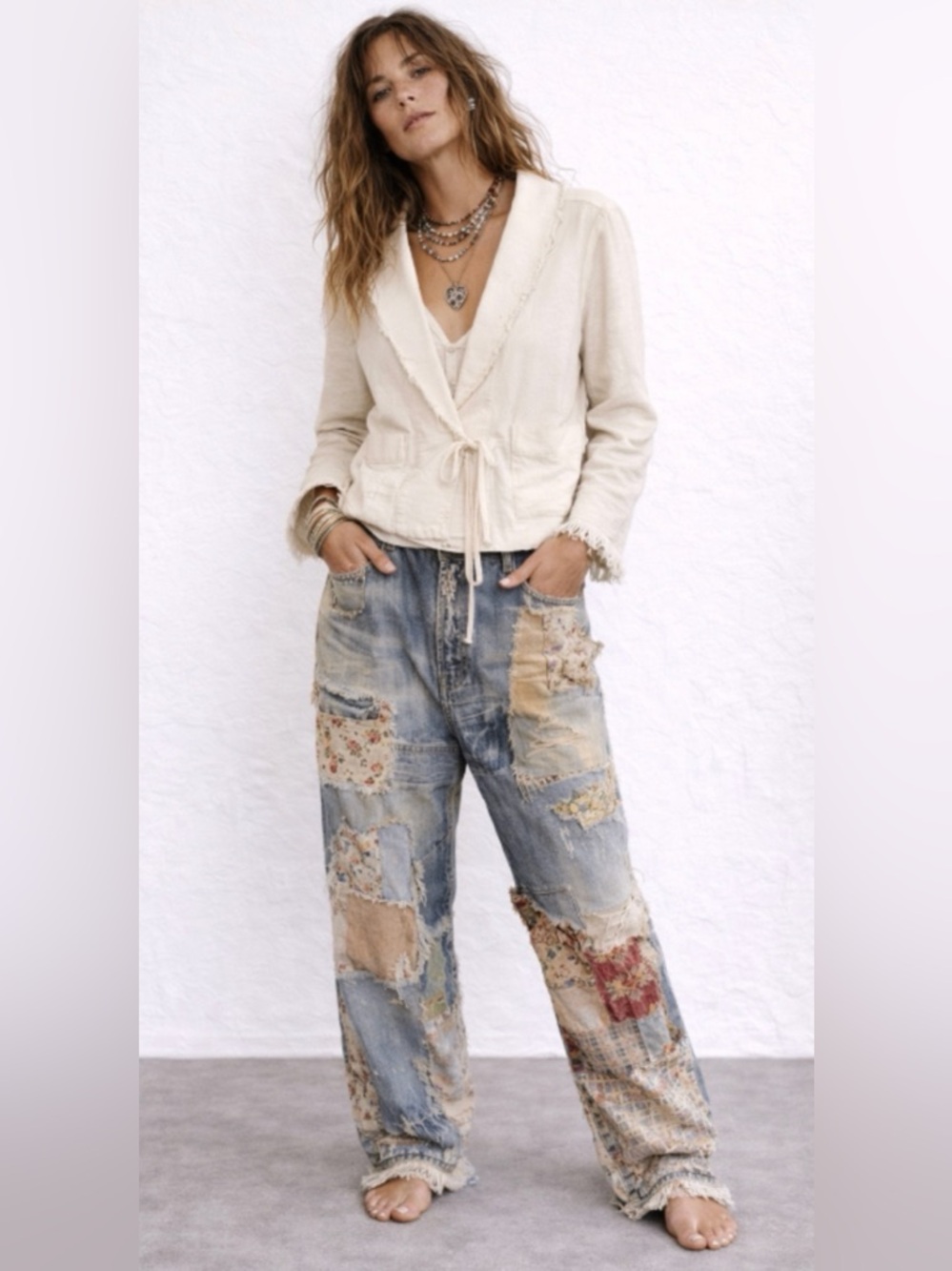 RAQUEL ALLEGRA Ivory Tie Front Jacket Raw Edge Cropped Boho Fits M